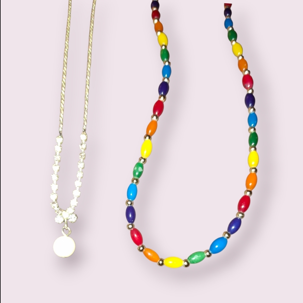 Two Necklaces Colorful Glass Rainbow and Rhinestone Faux Pearl